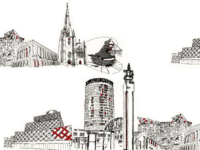 repeat pattern print of drawings Birmingham buildings