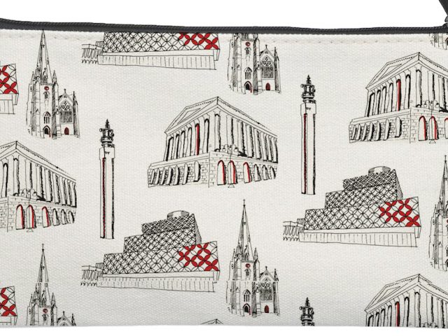 repeat pattern drawings of Birmingham buildings on a purse